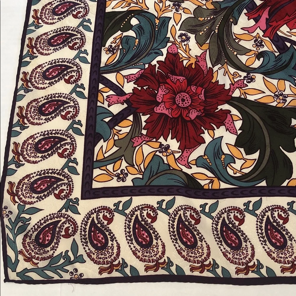 Square Silk Scarf Vibrant Floral and Paisley in Teal Green Burgundy Red Purple